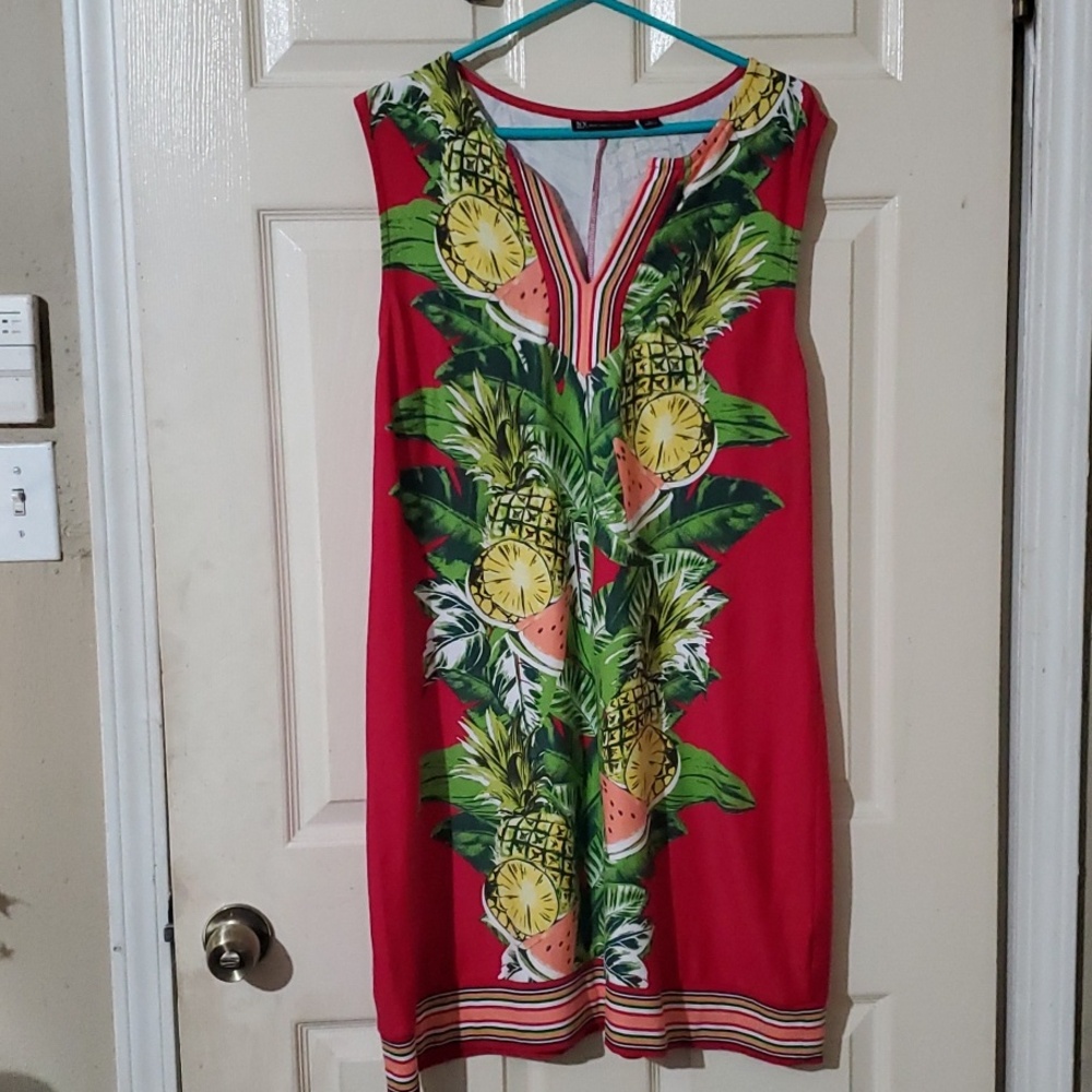 New York & Co. Vibrant Tropical Pineapple Print Sleeveless Cotton Shift Dress XL